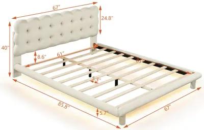 Queen Size Velvet Platform Bed With LED Frame, Thick Soft Fabric And Buttontufted Design Headboard