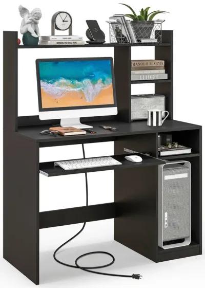 Home Office Computer Desk with Bookcase Keyboard Tray and CPU Stand