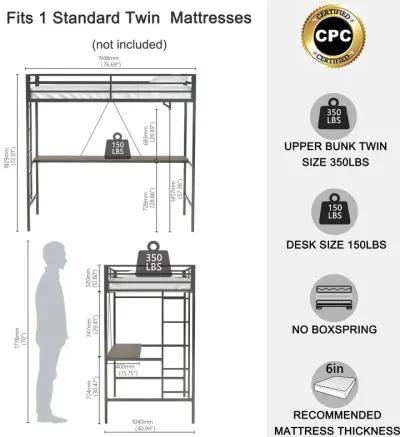 Adam Twin Loft Bunk Metal Bed Frame with Desk and Closet Rod, Guardrails, Easy Assembly, Black