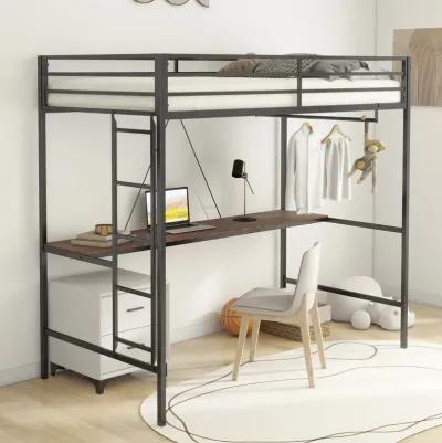 Adam Twin Loft Bunk Metal Bed Frame with Desk and Closet Rod, Guardrails, Easy Assembly, Black