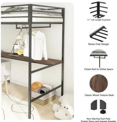 Adam Twin Loft Bunk Metal Bed Frame with Desk and Closet Rod, Guardrails, Easy Assembly, Black