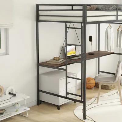 Adam Twin Loft Bunk Metal Bed Frame with Desk and Closet Rod, Guardrails, Easy Assembly, Black