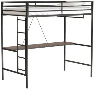 Adam Twin Loft Bunk Metal Bed Frame with Desk and Closet Rod, Guardrails, Easy Assembly, Black