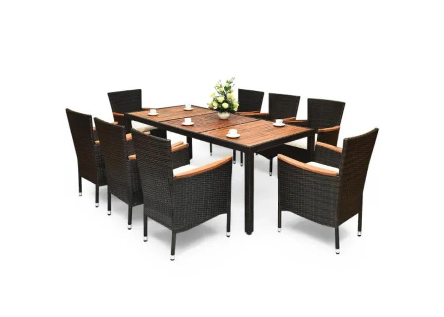 9 Pieces Patio Rattan Dining Set with Stackable Chairs Cushioned and Acacia Wood Table Top