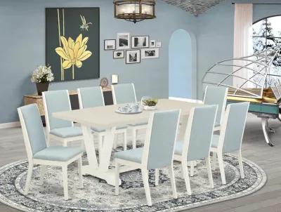 East West Furniture V027LA015-9 9Pc Dining Room Table Set Consists of a Rectangle Table and 8 Parsons Dining Chairs with Baby Blue Color Linen Fabric, Medium Size Table with Full Back Chairs, Wirebrushed Linen White Finish