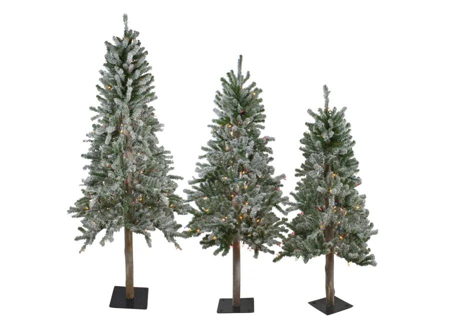 Set of 3 Pre-Lit Slim Flocked Alpine Artificial Christmas Trees 6' - Multicolor Lights