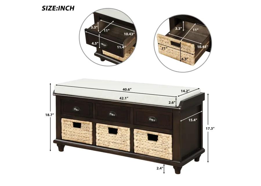 Rustic Storage Bench With 3 Drawers And 3 Rattan Baskets, Shoe Bench For Living Room