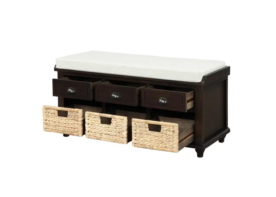 Rustic Storage Bench With 3 Drawers And 3 Rattan Baskets, Shoe Bench For Living Room