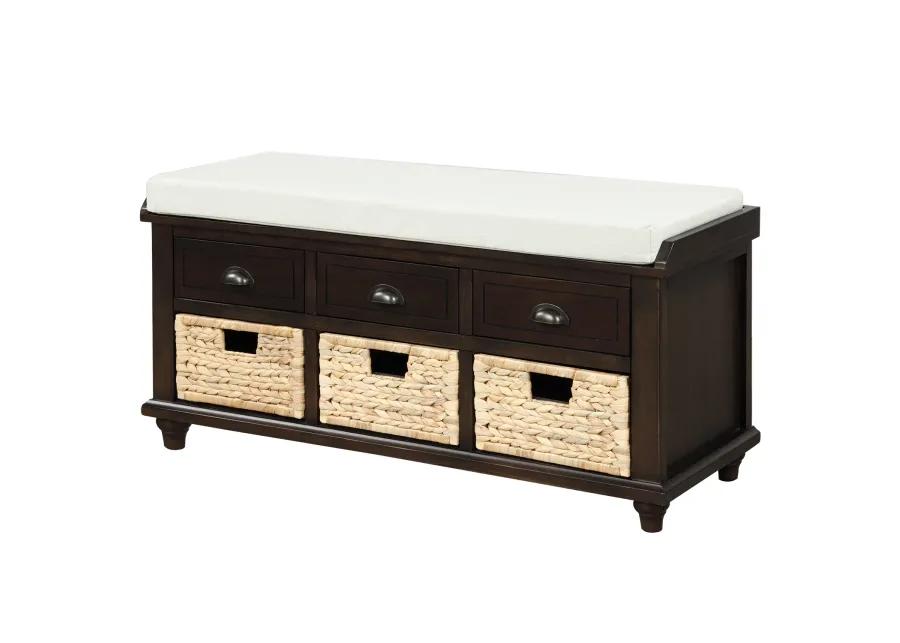 Rustic Storage Bench With 3 Drawers And 3 Rattan Baskets, Shoe Bench For Living Room