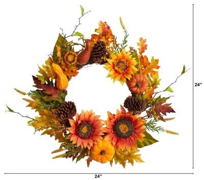 HomPlanti 24" Fall Sunflower, Pumpkin, Gourds, Pinecone and Berries Autumn Artificial Wreath