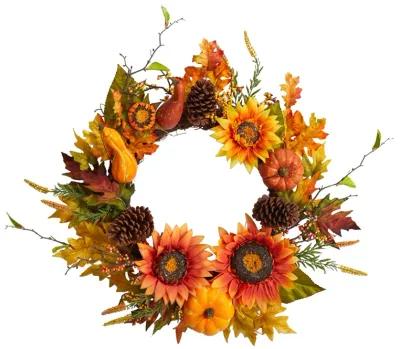 HomPlanti 24" Fall Sunflower, Pumpkin, Gourds, Pinecone and Berries Autumn Artificial Wreath