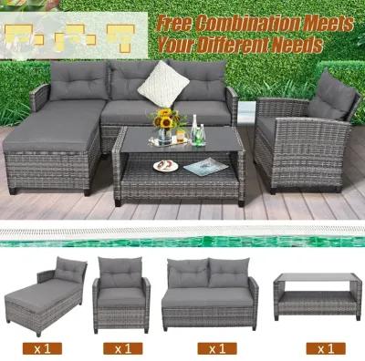 4 Pieces Patio Rattan Furniture Set with Cushion and Table Shelf