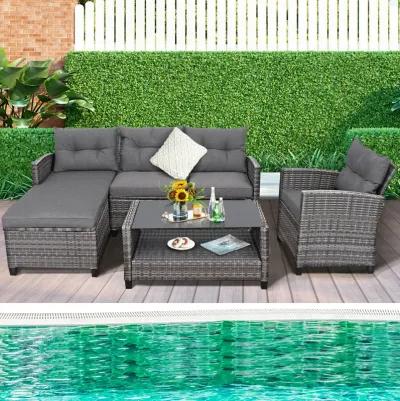 4 Pieces Patio Rattan Furniture Set with Cushion and Table Shelf