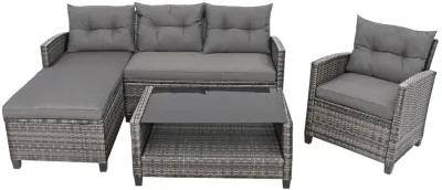 4 Pieces Patio Rattan Furniture Set with Cushion and Table Shelf