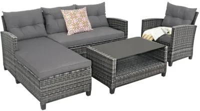 4 Pieces Patio Rattan Furniture Set with Cushion and Table Shelf