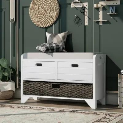 Storage Bench With Removable Basket And 2 Drawers, Fully Assembled Shoe Bench