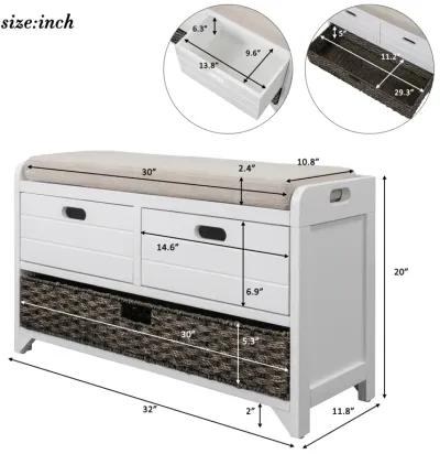 Storage Bench With Removable Basket And 2 Drawers, Fully Assembled Shoe Bench