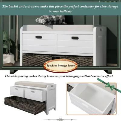 Storage Bench With Removable Basket And 2 Drawers, Fully Assembled Shoe Bench