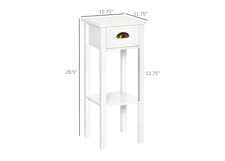 White Tall Nightstand: 2-Tier Slim Side Table with Drawer and Shelf