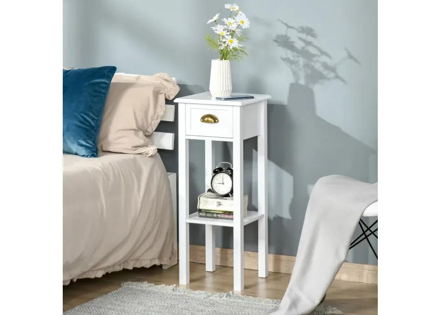 White Tall Nightstand: 2-Tier Slim Side Table with Drawer and Shelf