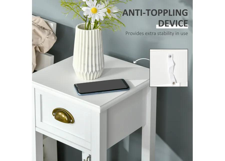 White Tall Nightstand: 2-Tier Slim Side Table with Drawer and Shelf