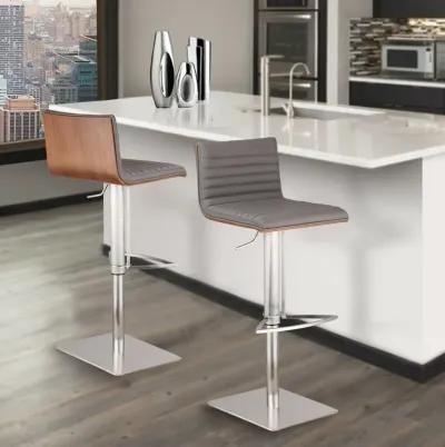 Caf� Adjustable Height Swivel Grey Faux Leather and Walnut Wood Stool with Brushed Stainless Steel Base