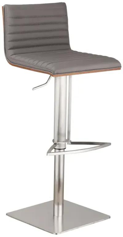 Caf� Adjustable Height Swivel Grey Faux Leather and Walnut Wood Stool with Brushed Stainless Steel Base