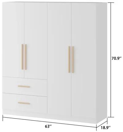 70.9 in. H x 19.5 in. D White 63 in. W 4-Door Big Wardrobe Armoires with Hanging Rods, Drawers and Storage Shelves