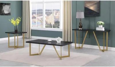 3pc Black wood top coffee table set w/gold color iron base (1Coffee+1End+1console table)