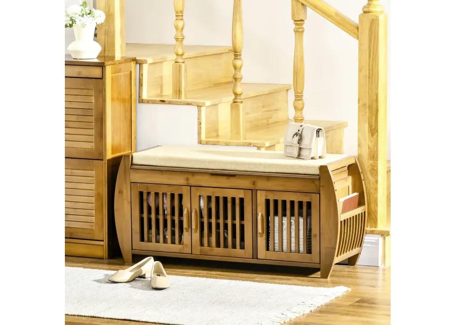 Brown Hallway Organizer: Bamboo Shoe Bench with Storage & Cushion