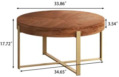 33.86"Modern Retro Splicing Round Coffee Table, Fir Wood Table Top With Gold Cross Legs Base