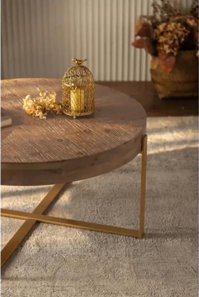 33.86"Modern Retro Splicing Round Coffee Table, Fir Wood Table Top With Gold Cross Legs Base