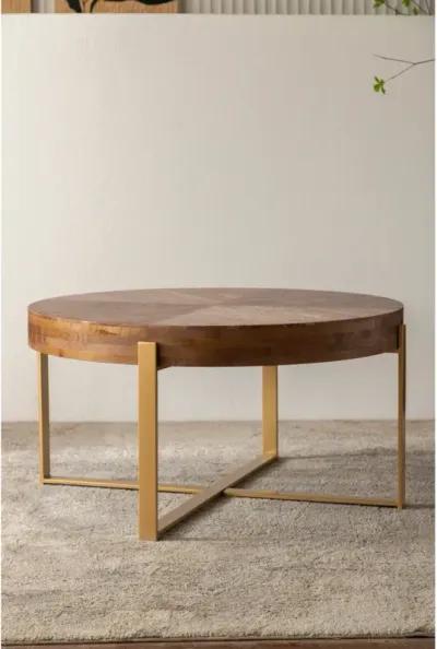 33.86"Modern Retro Splicing Round Coffee Table, Fir Wood Table Top With Gold Cross Legs Base