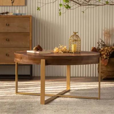 33.86"Modern Retro Splicing Round Coffee Table, Fir Wood Table Top With Gold Cross Legs Base