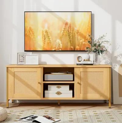 Boho TV Stand for TV up to 55 Inches with Faux Rattan Door-Natural