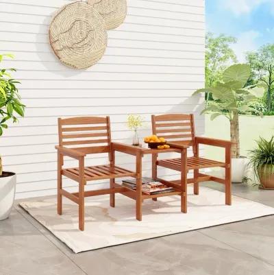 Outdoor Patio 2-Seat Wood Conversation Set with Coffee Table and Umbrella Hole