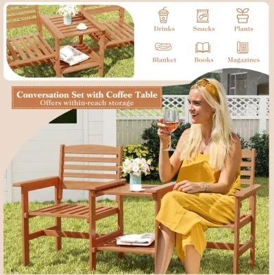 Outdoor Patio 2-Seat Wood Conversation Set with Coffee Table and Umbrella Hole