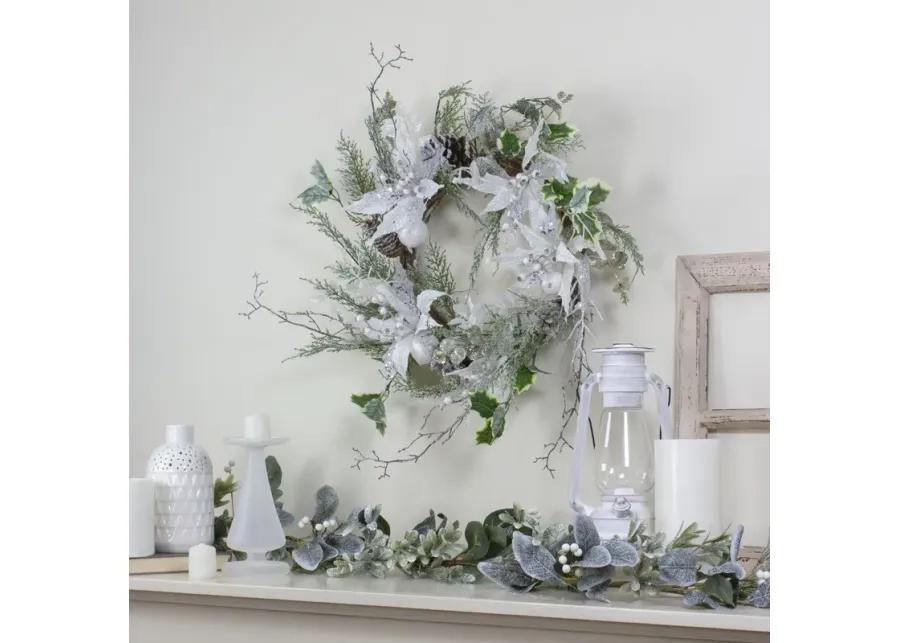 Iced White Poinsettia Artificial Christmas Wreath - 22 inch  Unlit