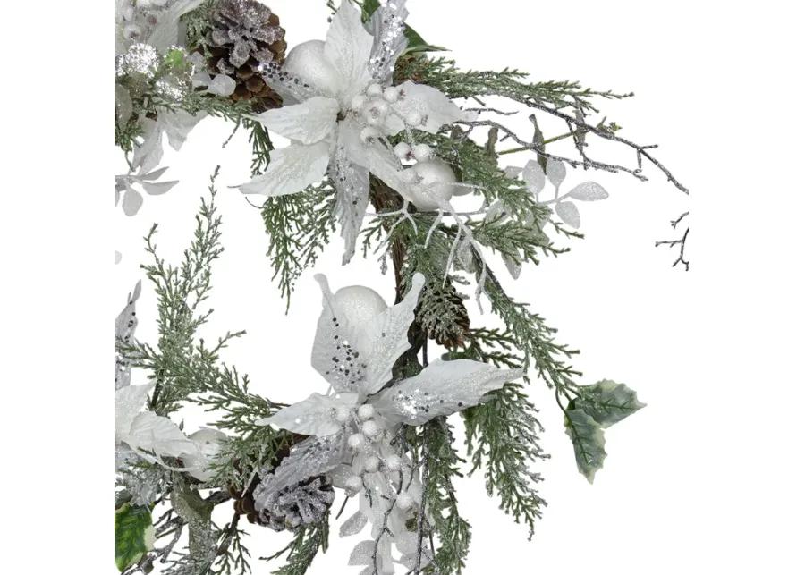 Iced White Poinsettia Artificial Christmas Wreath - 22 inch  Unlit