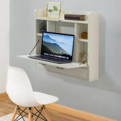 Wall Mount Folding Laptop Writing Computer or Makeup Desk with Storage Shelves and Drawer, White