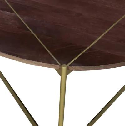 Ellis 32 Inch Round Wood Coffee Table with Brass Metal Base, Brown, Matte Gold-Benzara