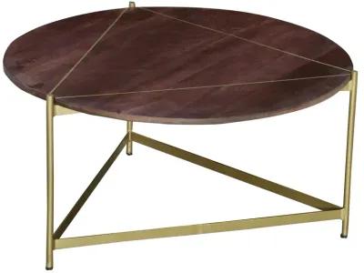 Ellis 32 Inch Round Wood Coffee Table with Brass Metal Base, Brown, Matte Gold-Benzara