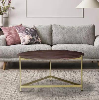 Ellis 32 Inch Round Wood Coffee Table with Brass Metal Base, Brown, Matte Gold-Benzara