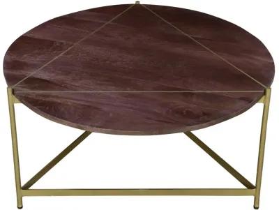 Ellis 32 Inch Round Wood Coffee Table with Brass Metal Base, Brown, Matte Gold-Benzara