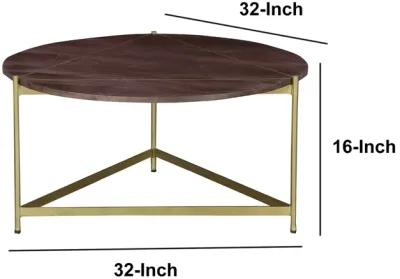 Ellis 32 Inch Round Wood Coffee Table with Brass Metal Base, Brown, Matte Gold-Benzara