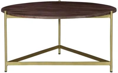 Ellis 32 Inch Round Wood Coffee Table with Brass Metal Base, Brown, Matte Gold-Benzara