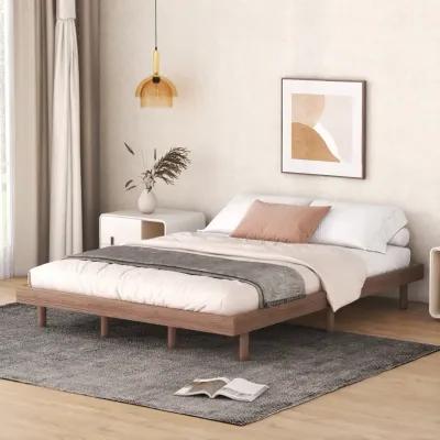 Modern Design Queen Floating Platform Bed Frame For Walnut Color