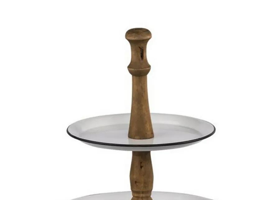 Mlyn 24 Inch 3 Tier Serving Tray, Round Metal Base, White Brown, and Black - Benzara