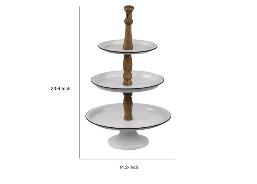 Mlyn 24 Inch 3 Tier Serving Tray, Round Metal Base, White Brown, and Black - Benzara