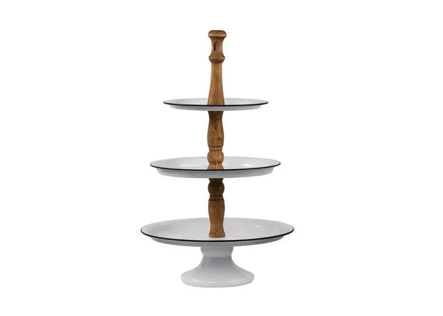 Mlyn 24 Inch 3 Tier Serving Tray, Round Metal Base, White Brown, and Black - Benzara